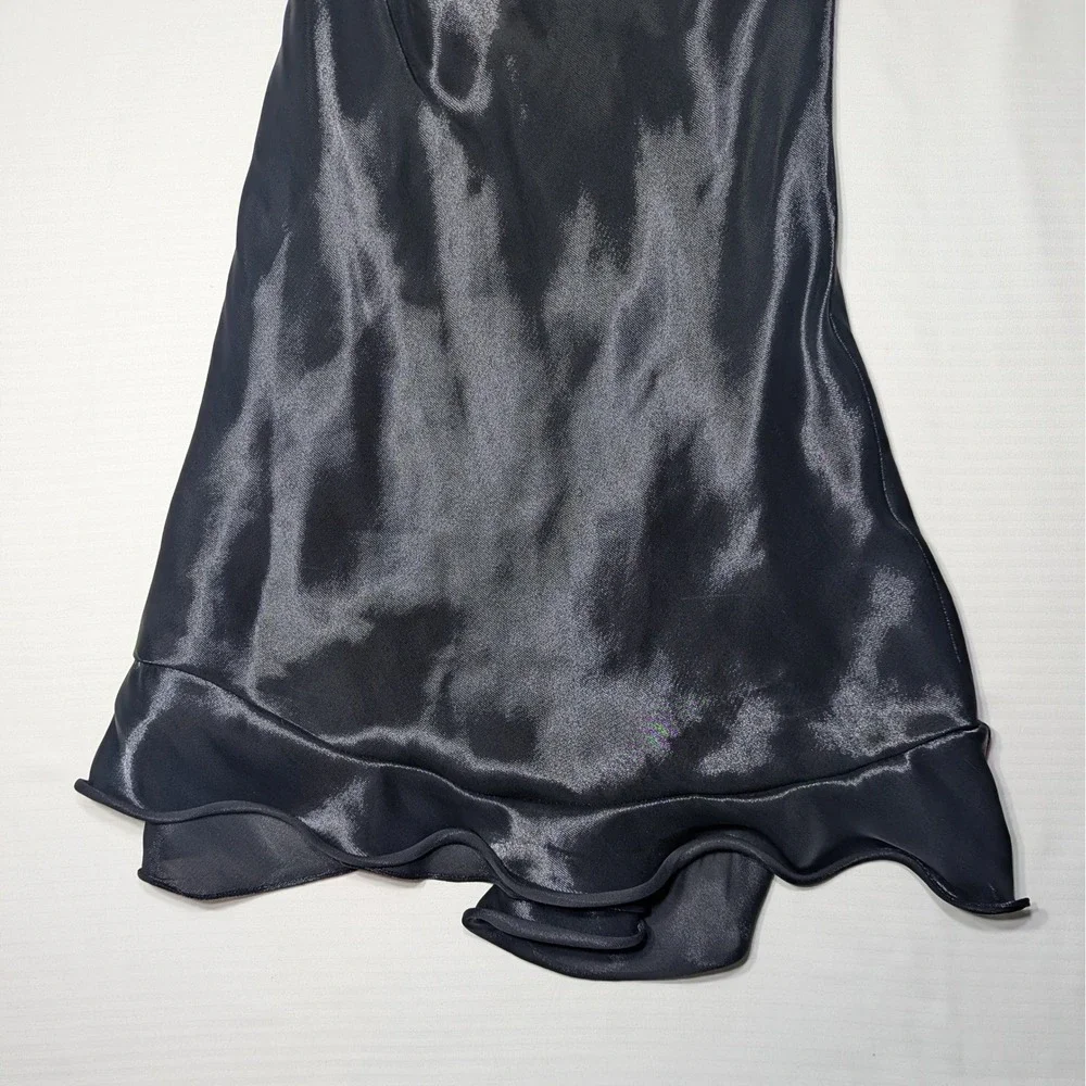 Vintage Ralph Lauren Black Liquid Satin MidiSkirt Asymmetric Ruffle 90s Runway 6
